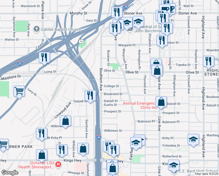map of restaurants, bars, coffee shops, grocery stores, and more near 1073 Boulevard Street in Shreveport
