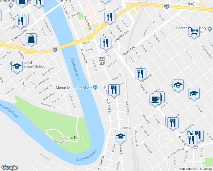 map of restaurants, bars, coffee shops, grocery stores, and more near 1205 St John Dr in Monroe