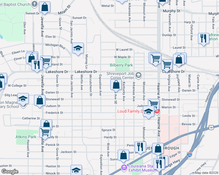 map of restaurants, bars, coffee shops, grocery stores, and more near 3127 Darien Street in Shreveport