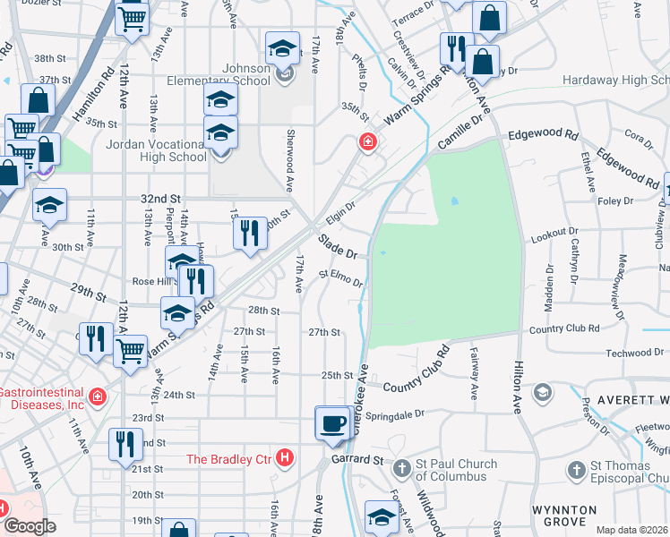 map of restaurants, bars, coffee shops, grocery stores, and more near 1801 Saint Elmo Drive in Columbus