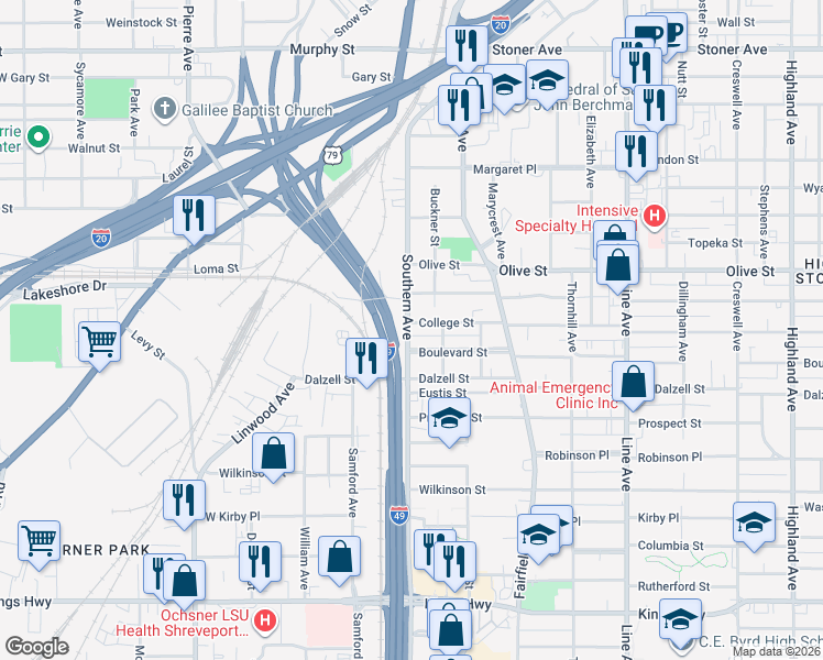 map of restaurants, bars, coffee shops, grocery stores, and more near 1131 College Street in Shreveport