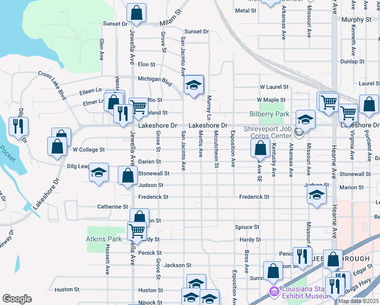 map of restaurants, bars, coffee shops, grocery stores, and more near 3427 West College Street in Shreveport