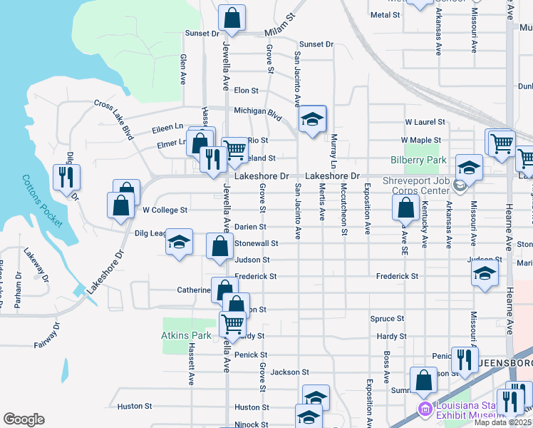 map of restaurants, bars, coffee shops, grocery stores, and more near 3561 Lillian Street in Shreveport