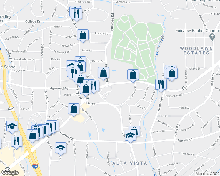 map of restaurants, bars, coffee shops, grocery stores, and more near 3939 Macon Road in Columbus