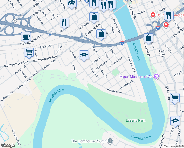 map of restaurants, bars, coffee shops, grocery stores, and more near 604 Lazarre Avenue in West Monroe