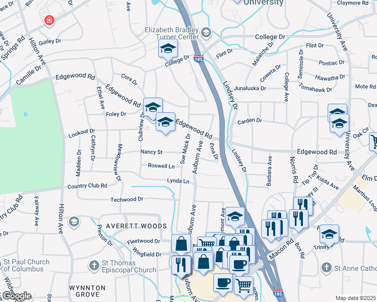 map of restaurants, bars, coffee shops, grocery stores, and more near 2892 Edgewood Road in Columbus