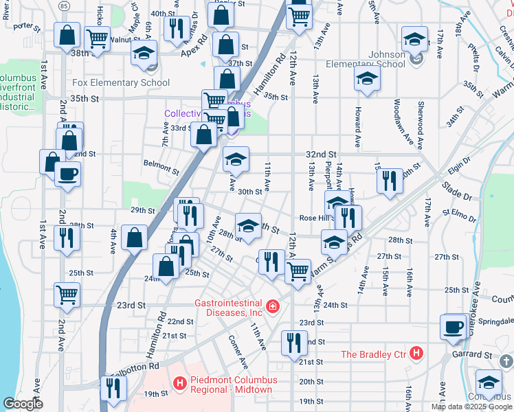 map of restaurants, bars, coffee shops, grocery stores, and more near 2929 11th Avenue in Columbus