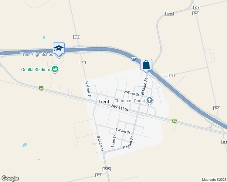map of restaurants, bars, coffee shops, grocery stores, and more near 217 North Oak Street in Trent