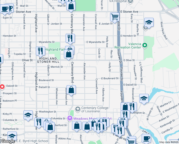 map of restaurants, bars, coffee shops, grocery stores, and more near 124 East College Street in Shreveport