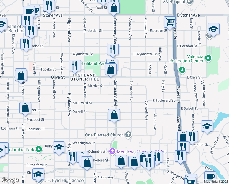 map of restaurants, bars, coffee shops, grocery stores, and more near 205 Merrick Street in Shreveport