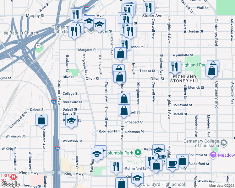 map of restaurants, bars, coffee shops, grocery stores, and more near 2039 Elizabeth Avenue in Shreveport