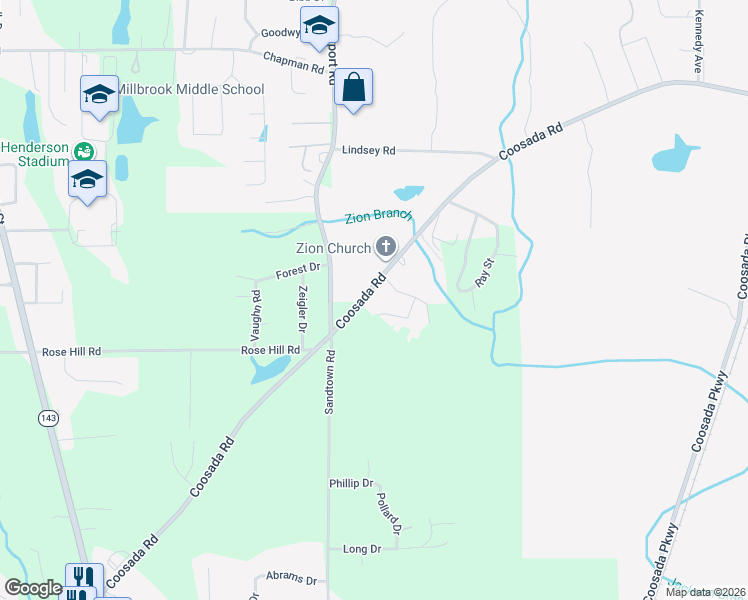 map of restaurants, bars, coffee shops, grocery stores, and more near 4125-4713 Coosada Road in Millbrook