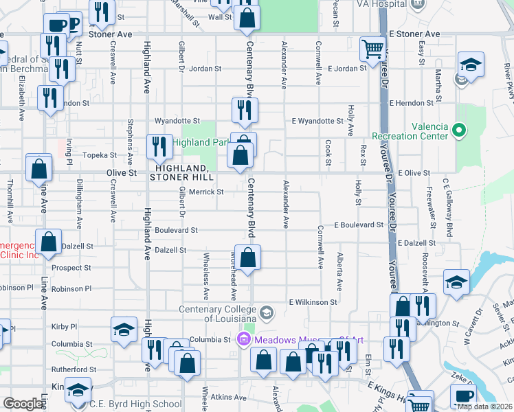 map of restaurants, bars, coffee shops, grocery stores, and more near 205 Merrick Street in Shreveport