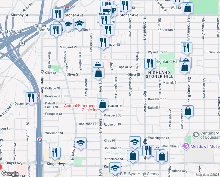 map of restaurants, bars, coffee shops, grocery stores, and more near 701 Merrick Street in Shreveport