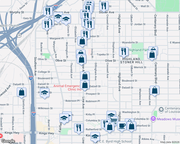 map of restaurants, bars, coffee shops, grocery stores, and more near 745 Merrick St in Shreveport