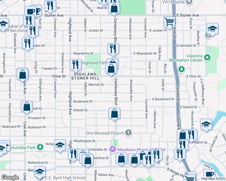 map of restaurants, bars, coffee shops, grocery stores, and more near 212 College Street in Shreveport