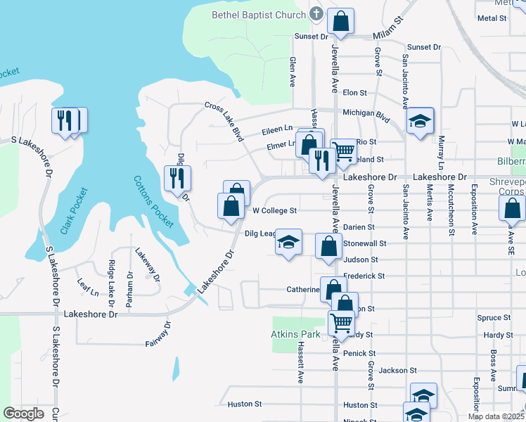 map of restaurants, bars, coffee shops, grocery stores, and more near 5212 Lillian Street in Shreveport