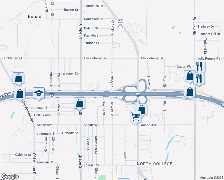 map of restaurants, bars, coffee shops, grocery stores, and more near 3601 Hickory Street in Abilene