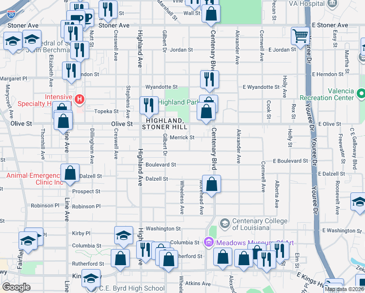 map of restaurants, bars, coffee shops, grocery stores, and more near 335 Merrick Street in Shreveport