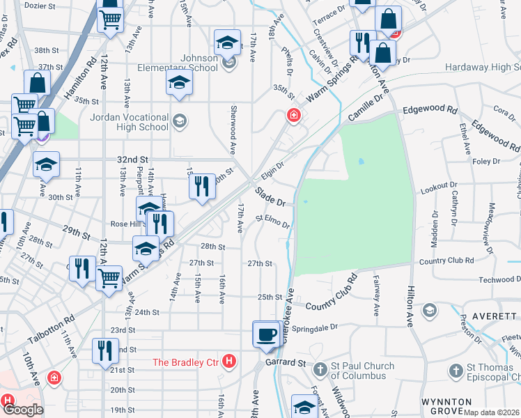 map of restaurants, bars, coffee shops, grocery stores, and more near 1720 Slade Drive in Columbus