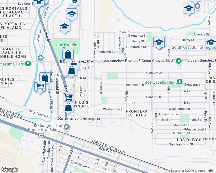 map of restaurants, bars, coffee shops, grocery stores, and more near 10380-10456 Bienestar Lane in San Luis