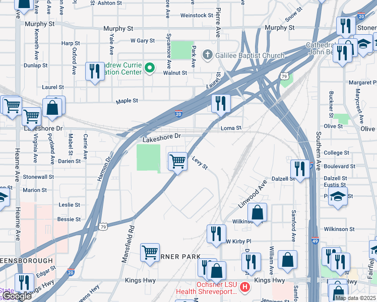 map of restaurants, bars, coffee shops, grocery stores, and more near 2100 Texas Avenue in Shreveport