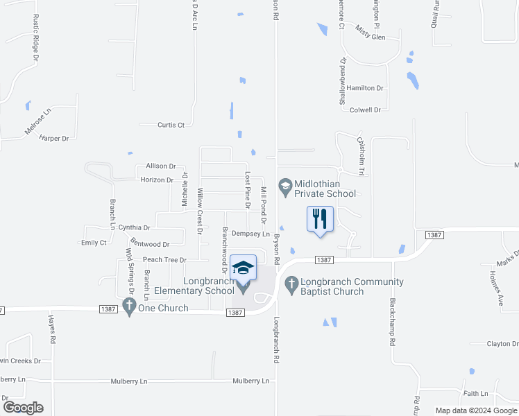 map of restaurants, bars, coffee shops, grocery stores, and more near 905 Mill Pond Drive in Midlothian