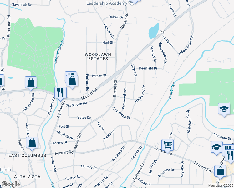 map of restaurants, bars, coffee shops, grocery stores, and more near 2723 Fernwood Avenue in Columbus