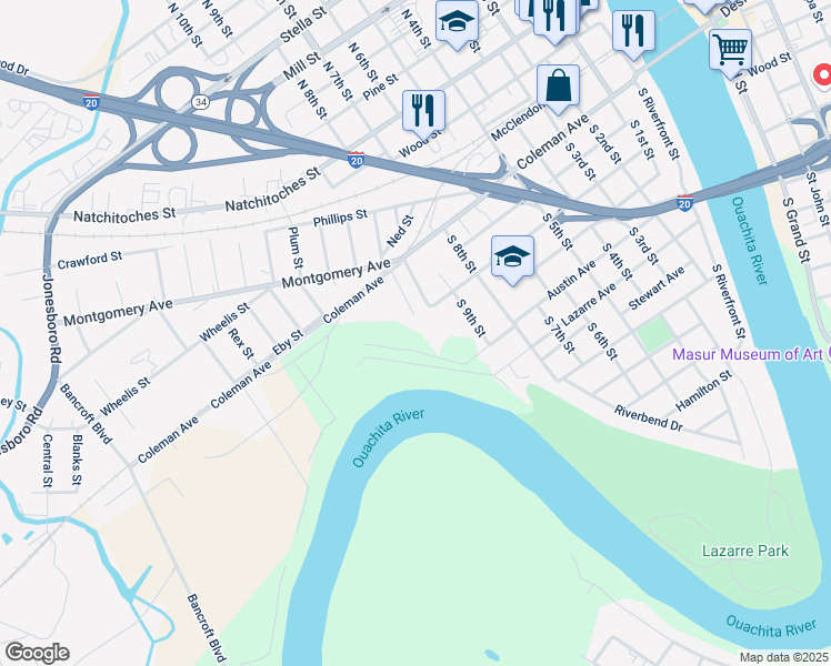 map of restaurants, bars, coffee shops, grocery stores, and more near 120 S 11th St in West Monroe