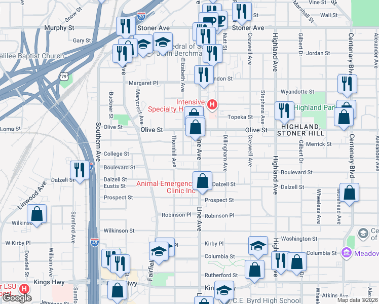 map of restaurants, bars, coffee shops, grocery stores, and more near 2039 Elizabeth Avenue in Shreveport