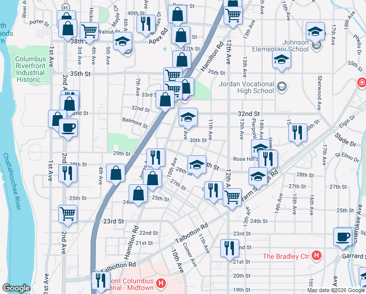 map of restaurants, bars, coffee shops, grocery stores, and more near 2924 10th Avenue in Columbus