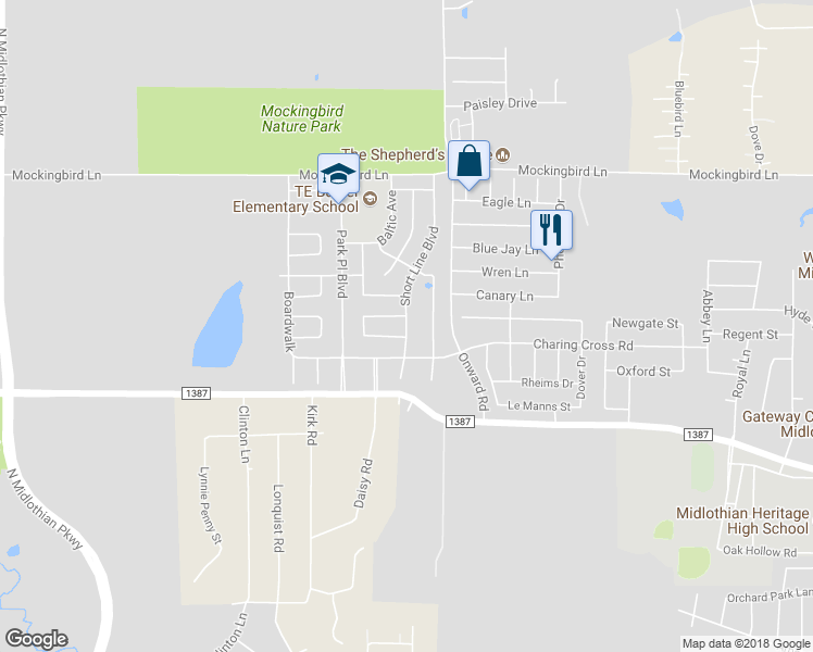 map of restaurants, bars, coffee shops, grocery stores, and more near 908 Short Line Boulevard in Midlothian