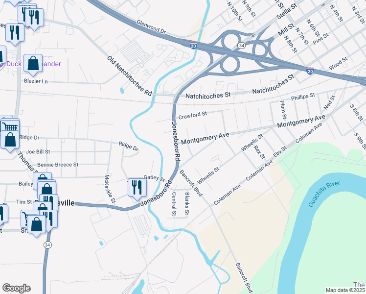 map of restaurants, bars, coffee shops, grocery stores, and more near 375-399 Jonesboro Rd in West Monroe