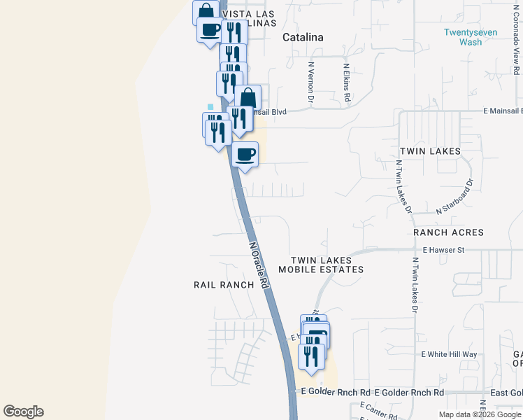 map of restaurants, bars, coffee shops, grocery stores, and more near 15720 North Oracle Road in Tucson