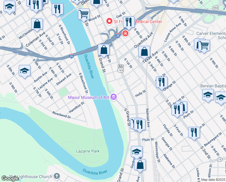 map of restaurants, bars, coffee shops, grocery stores, and more near 1133 South Grand Street in Monroe