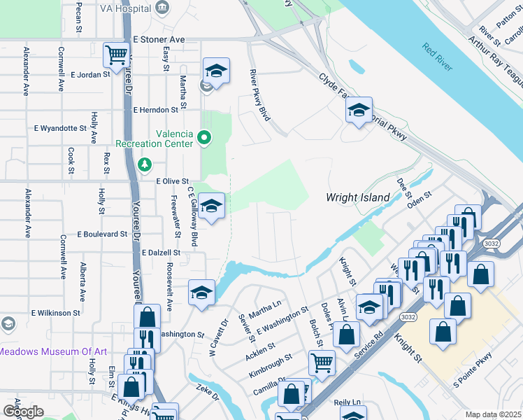 map of restaurants, bars, coffee shops, grocery stores, and more near 2435 Mecom Drive in Shreveport
