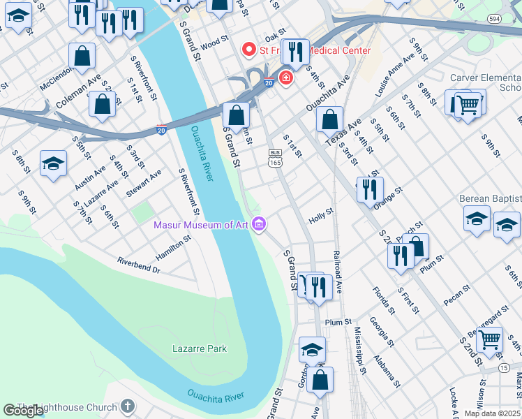 map of restaurants, bars, coffee shops, grocery stores, and more near 1133 South Grand Street in Monroe