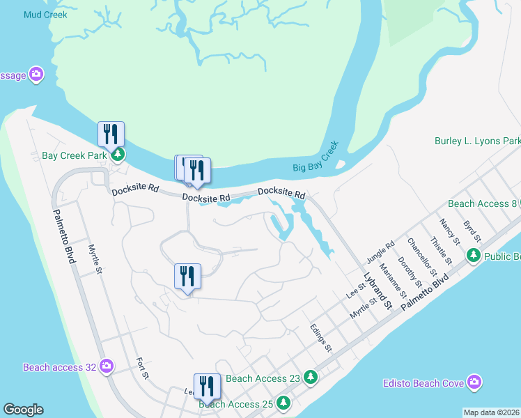 map of restaurants, bars, coffee shops, grocery stores, and more near 10 Battery Park Road in Edisto Island
