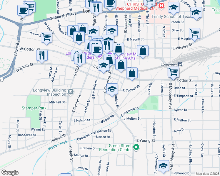 map of restaurants, bars, coffee shops, grocery stores, and more near 310 South Green Street in Longview