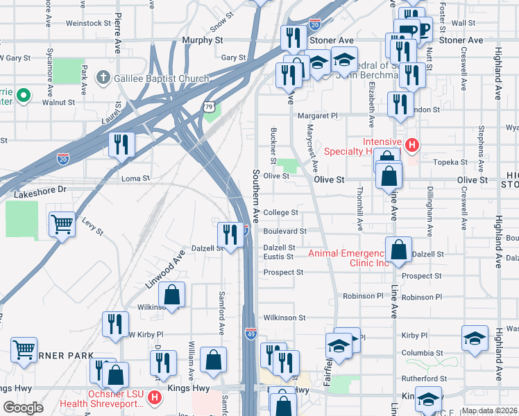 map of restaurants, bars, coffee shops, grocery stores, and more near 1121 Sheridan Avenue in Shreveport