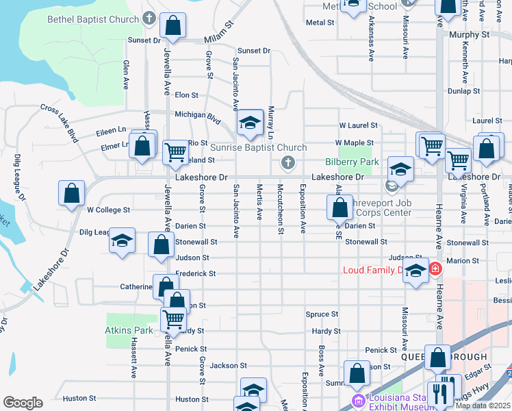 map of restaurants, bars, coffee shops, grocery stores, and more near 3406 West College Street in Shreveport