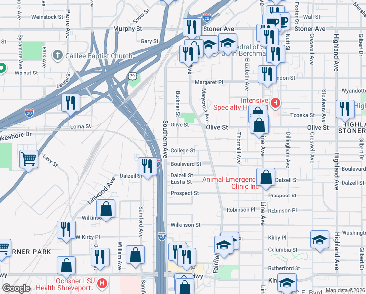 map of restaurants, bars, coffee shops, grocery stores, and more near 1049 Sheridan Avenue in Shreveport