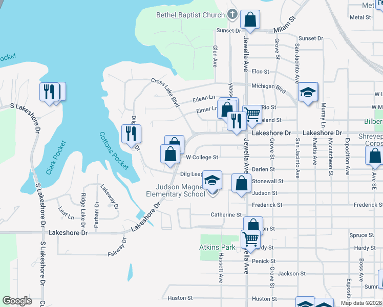 map of restaurants, bars, coffee shops, grocery stores, and more near 3923 Lakeshore Drive in Shreveport