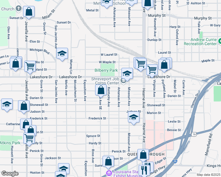 map of restaurants, bars, coffee shops, grocery stores, and more near 2919 Lillian Street in Shreveport