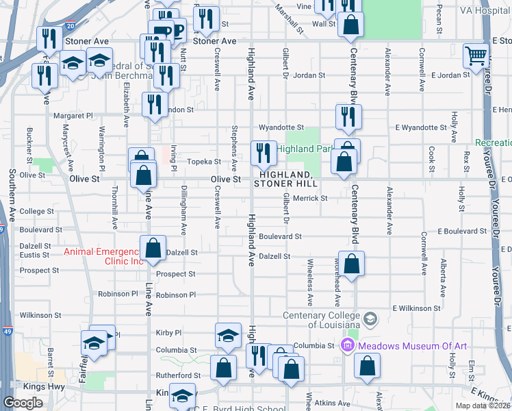 map of restaurants, bars, coffee shops, grocery stores, and more near 2107 Highland Avenue in Shreveport