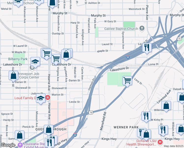 map of restaurants, bars, coffee shops, grocery stores, and more near 2134 West College Street in Shreveport