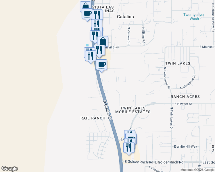 map of restaurants, bars, coffee shops, grocery stores, and more near 15720 North Oracle Road in Tucson