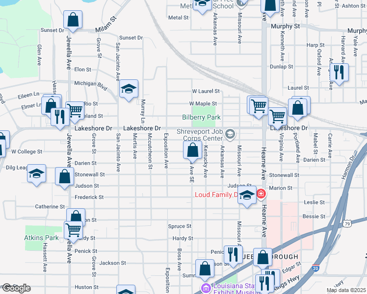 map of restaurants, bars, coffee shops, grocery stores, and more near 3127 Lillian Street in Shreveport