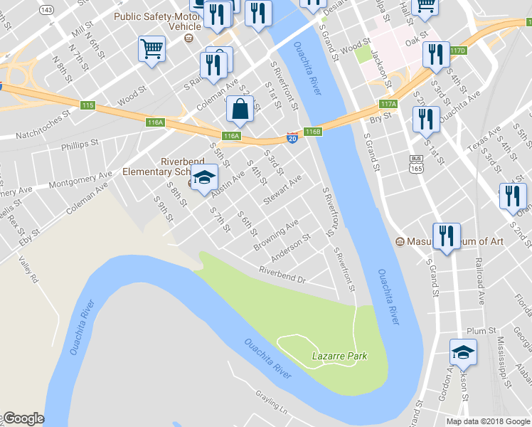 map of restaurants, bars, coffee shops, grocery stores, and more near 807 South 5th Street in West Monroe