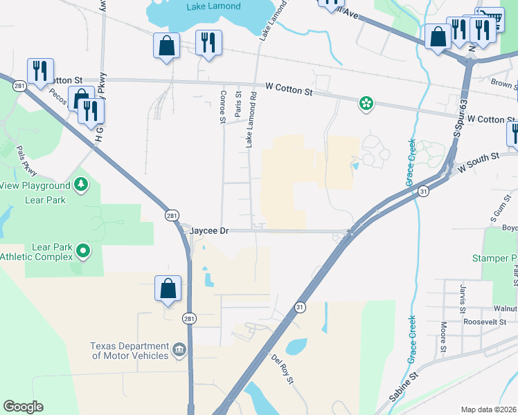 map of restaurants, bars, coffee shops, grocery stores, and more near 416 Lake Lamond Road in Longview